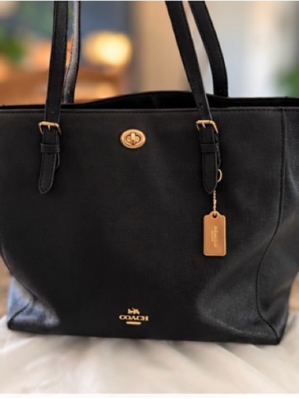 Coach Black Leather Tote Bag with Gold Hardware